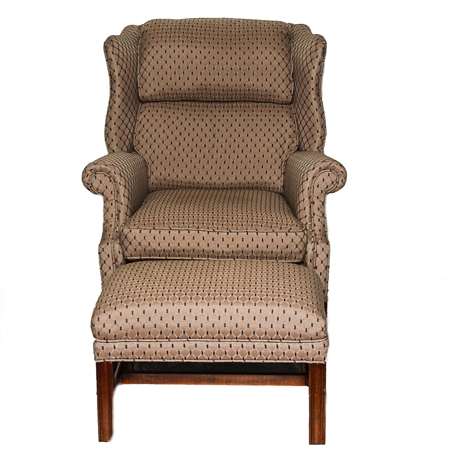 Chippendale Style Custom Upholstered Wingback Armchair and Ottoman by J & D