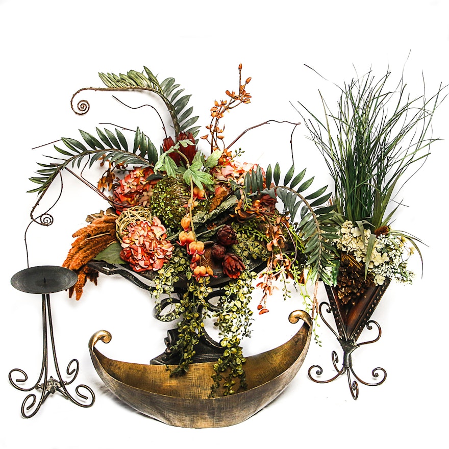 Artificial Floral Arrangements with Metal Boat Bowl Centerpiece