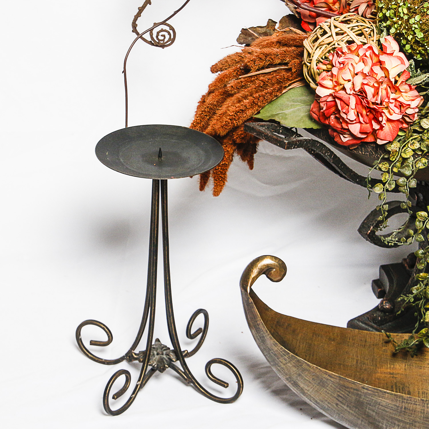 Artificial Floral Arrangements with Metal Boat Bowl Centerpiece