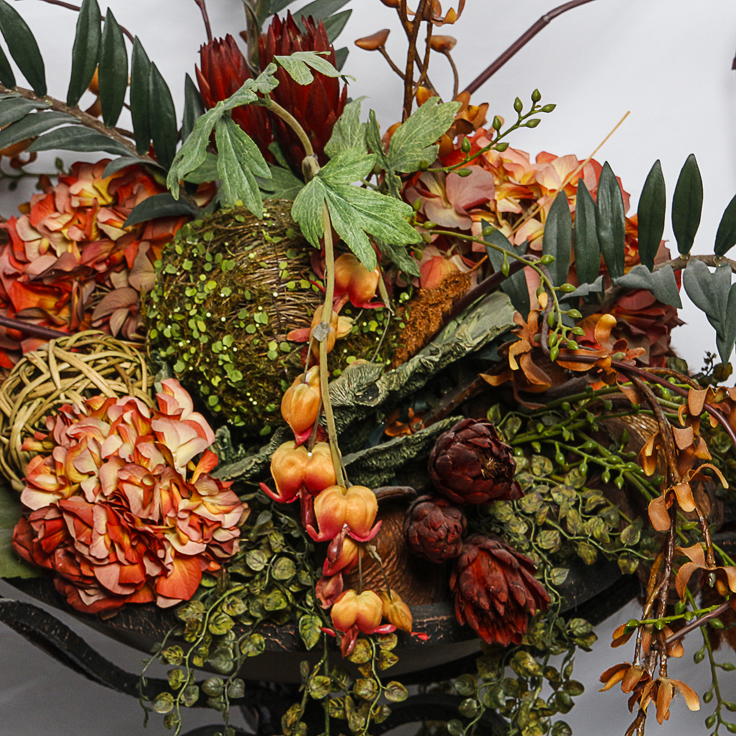 Artificial Floral Arrangements with Metal Boat Bowl Centerpiece