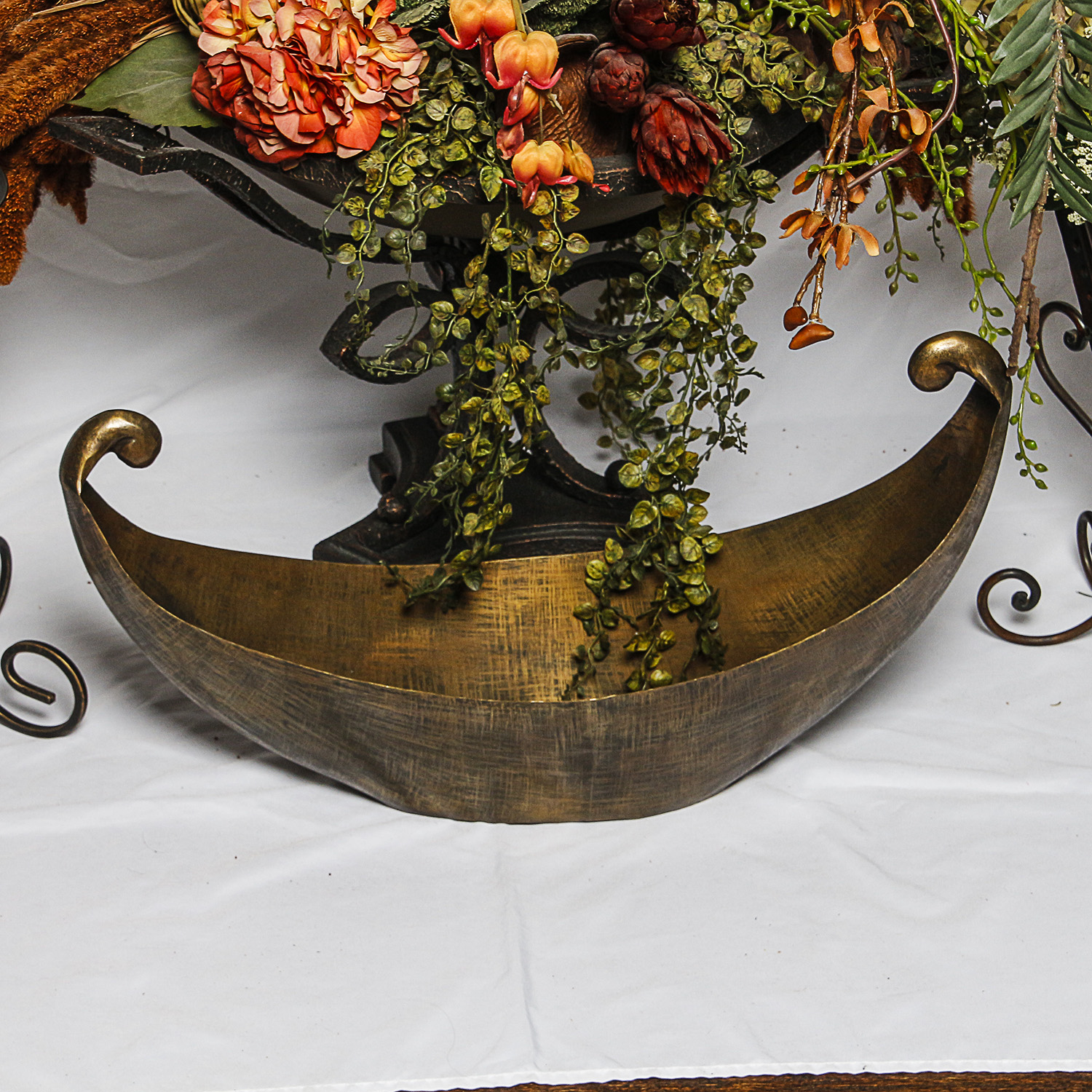 Artificial Floral Arrangements with Metal Boat Bowl Centerpiece