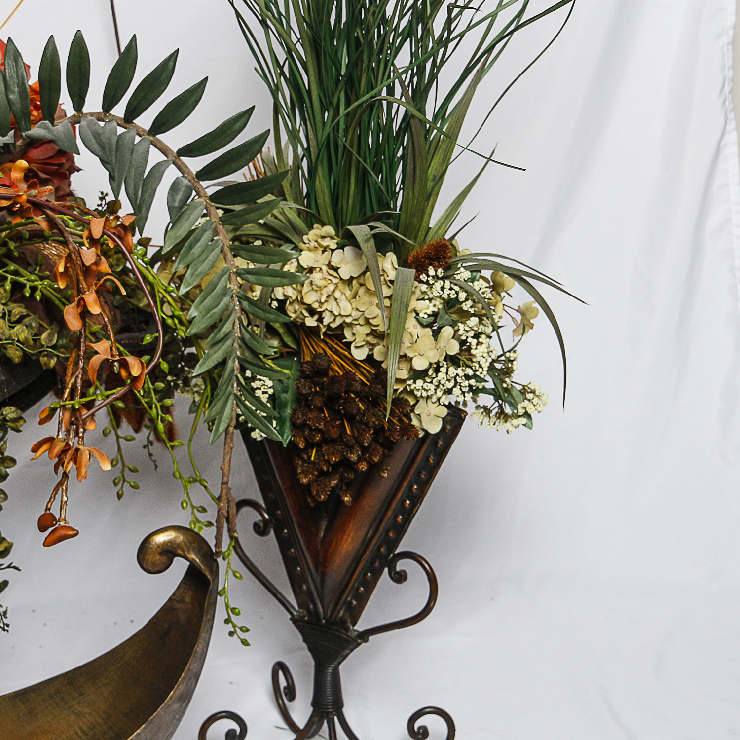 Artificial Floral Arrangements with Metal Boat Bowl Centerpiece