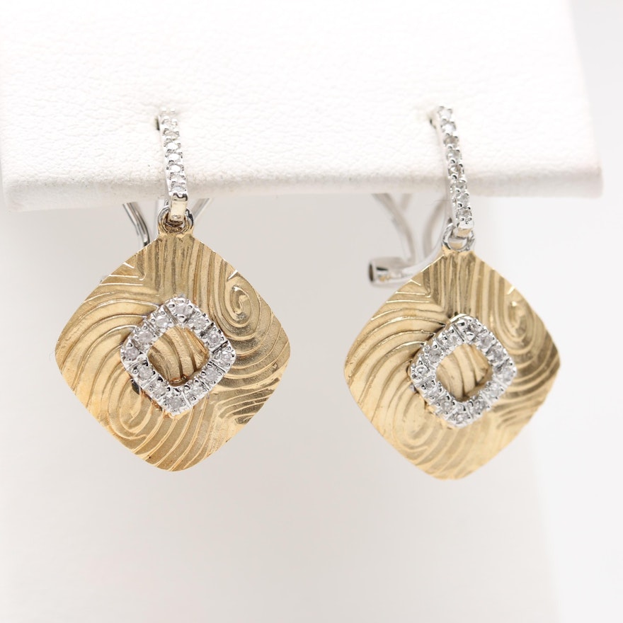 14K Yellow Gold Diamond Dangle Earrings with White Gold Accents