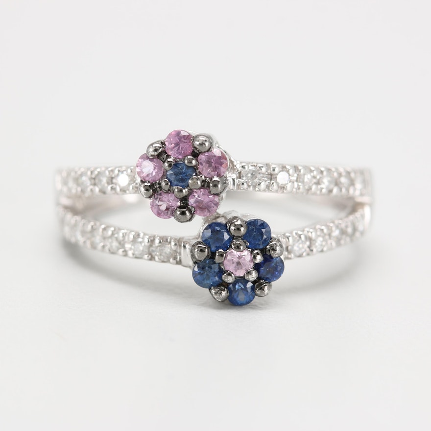 14K White Gold Blue and Pink Sapphire and Diamond Ring