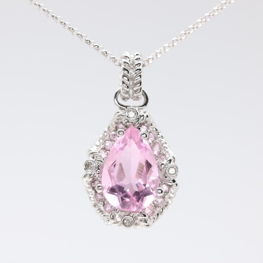 14K White Gold Pink Glass and Diamond Necklace
