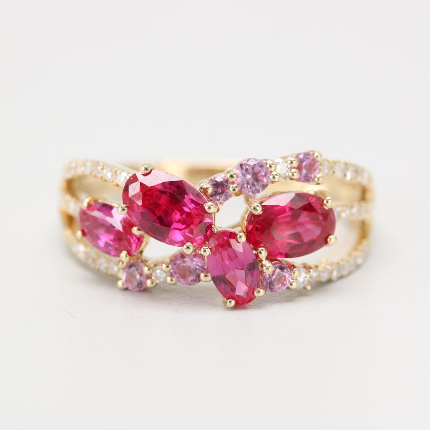 14K Yellow Gold Synthetic Ruby, Synthetic Pink Sapphire and Diamond Ring