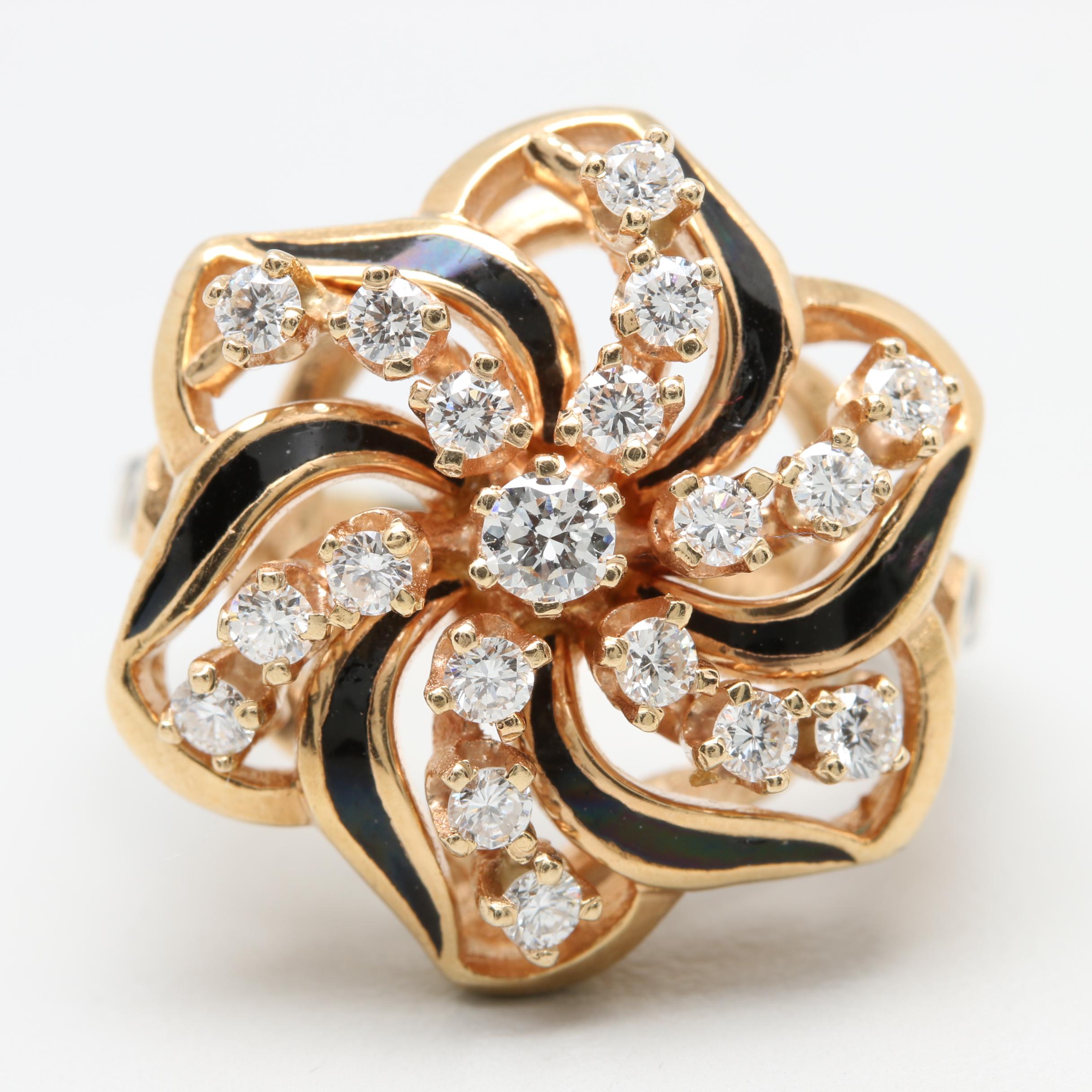 14K Yellow Gold Diamond and Enamel Ring