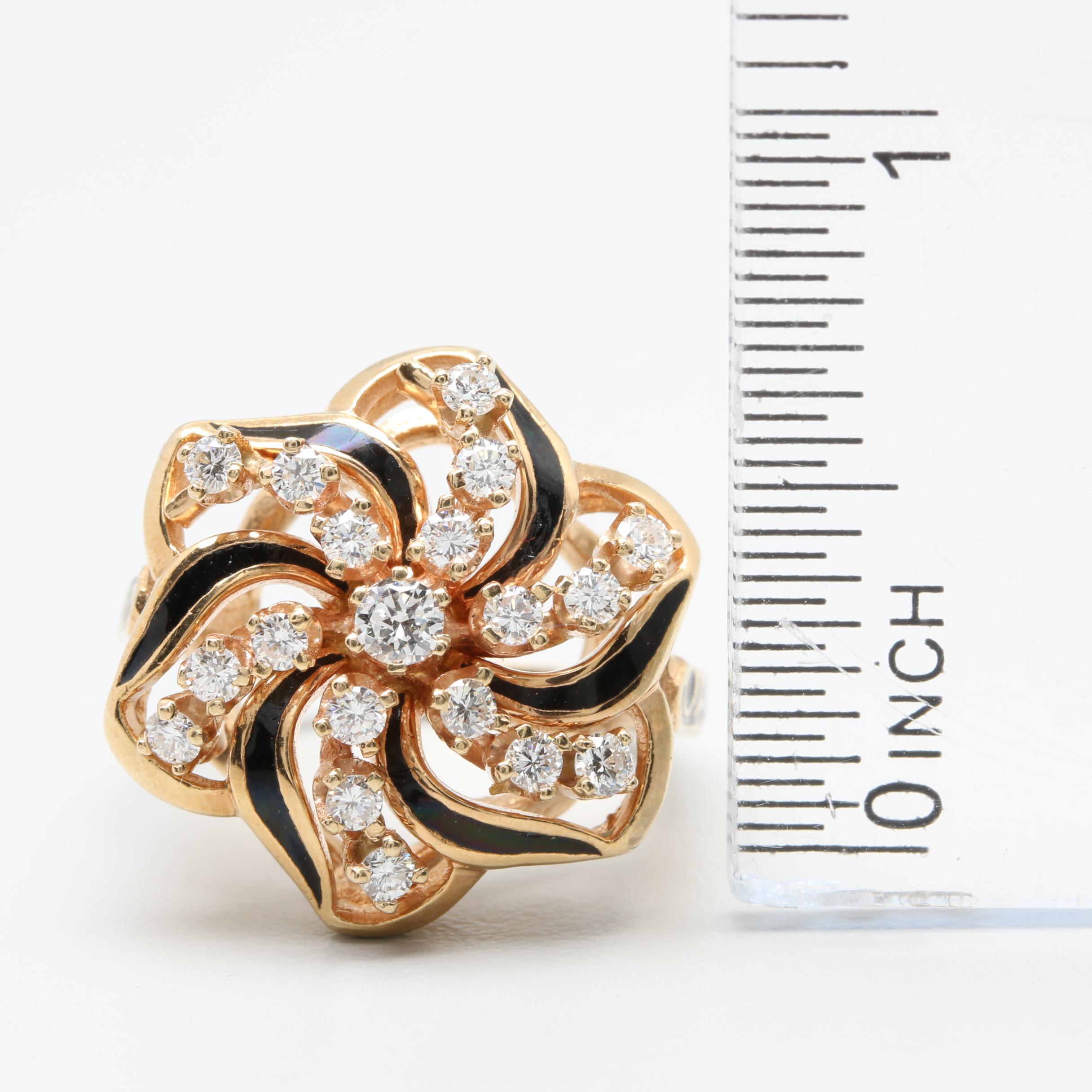 14K Yellow Gold Diamond and Enamel Ring