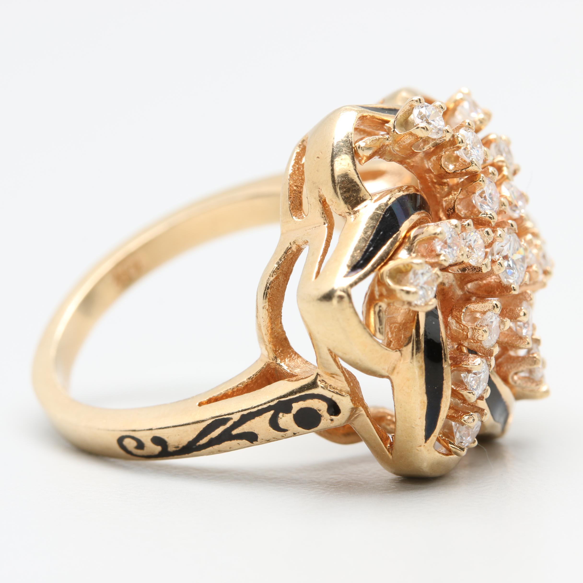 14K Yellow Gold Diamond and Enamel Ring