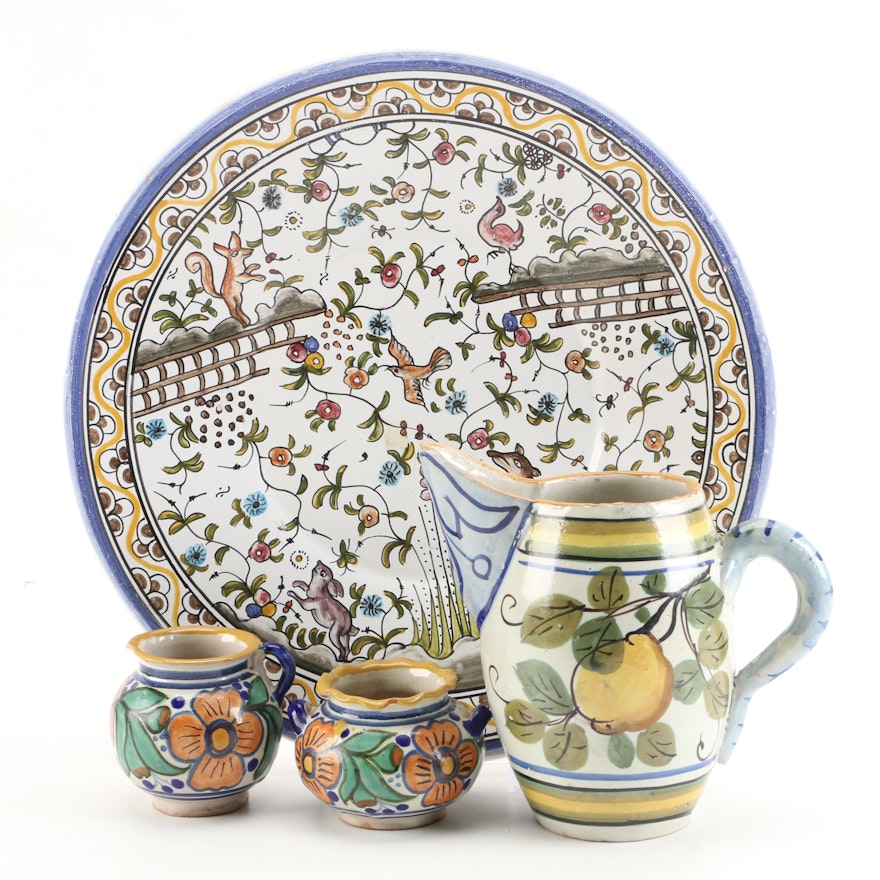 Portuguese Majolica Platter with Italian Pitcher and Mexican Creamer and Sugar