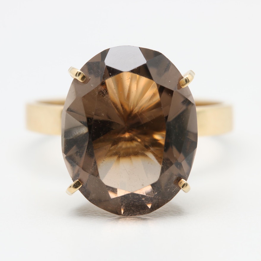 14K Yellow Gold 7.61 CT Smoky Quartz Solitaire Ring