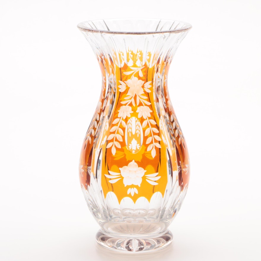 Bohemian Style Amber Cased Cut to Clear Crystal Vase