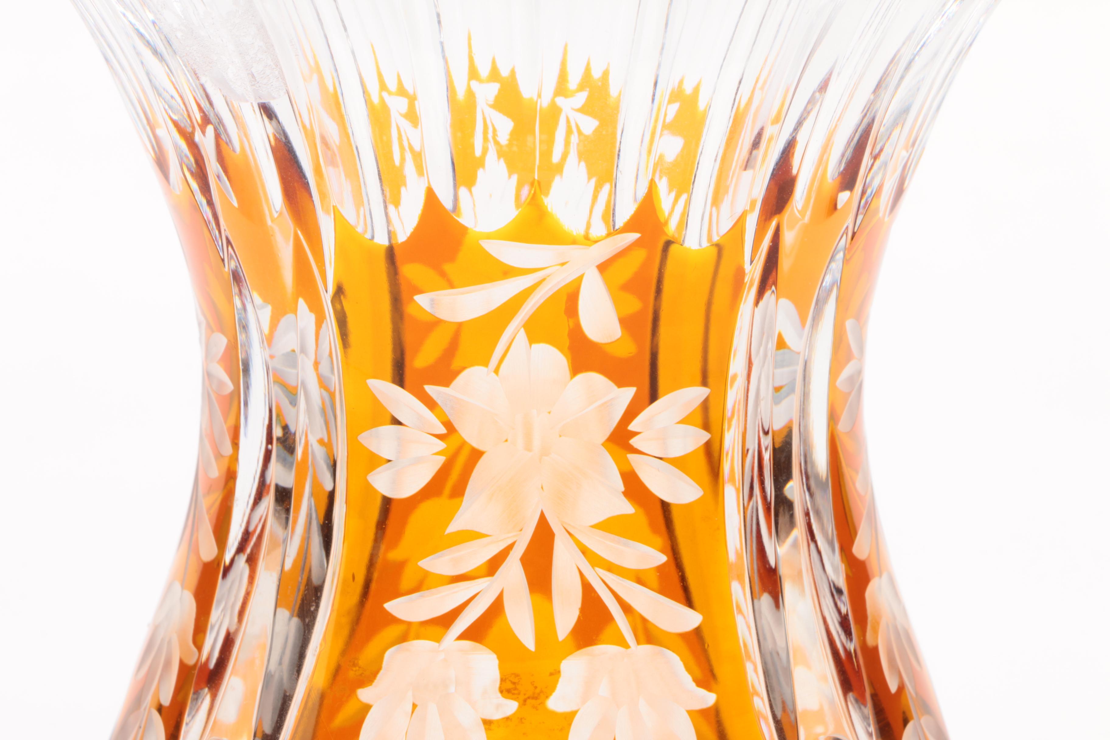Bohemian Style Amber Cased Cut to Clear Crystal Vase