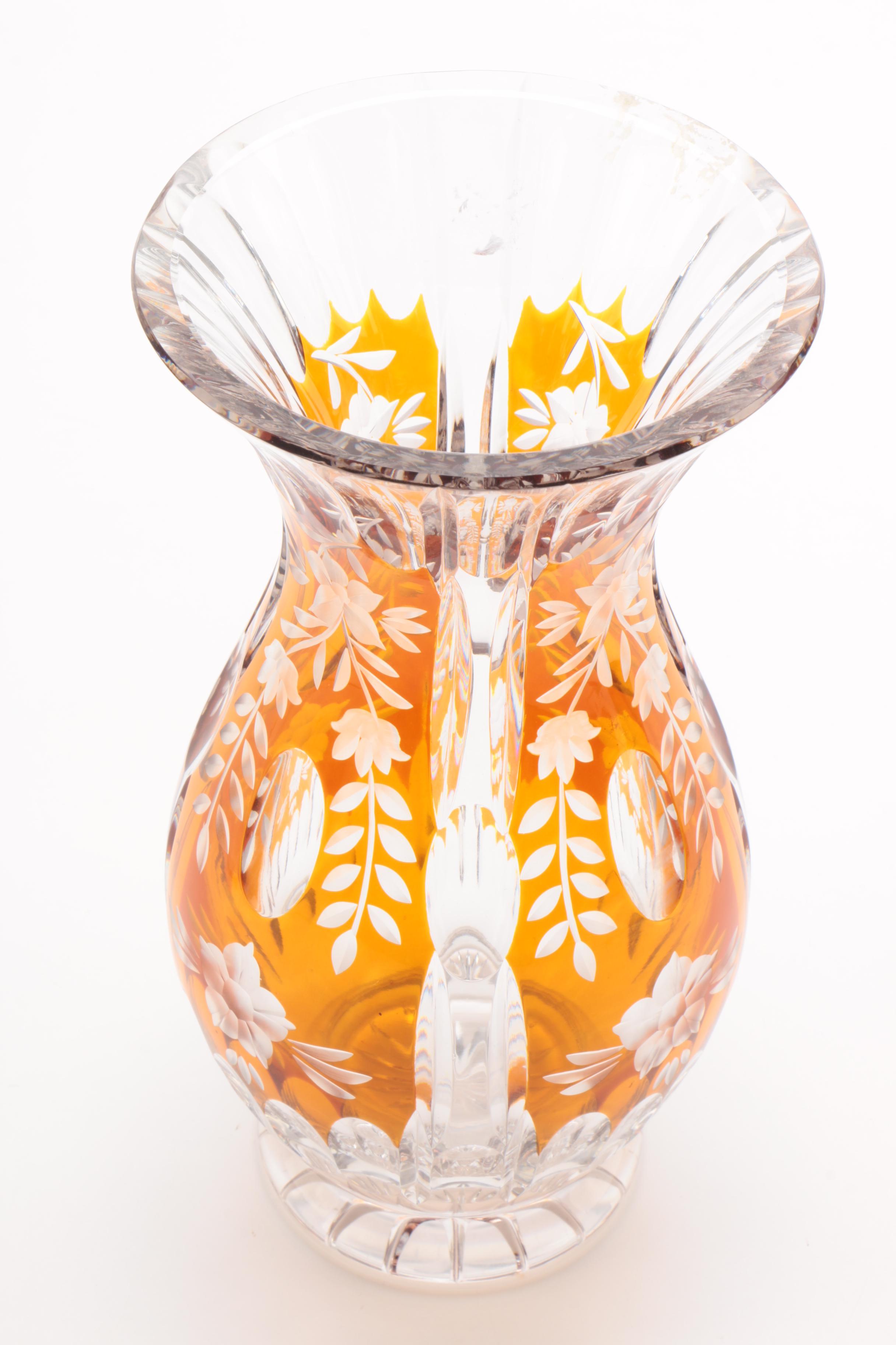 Bohemian Style Amber Cased Cut to Clear Crystal Vase