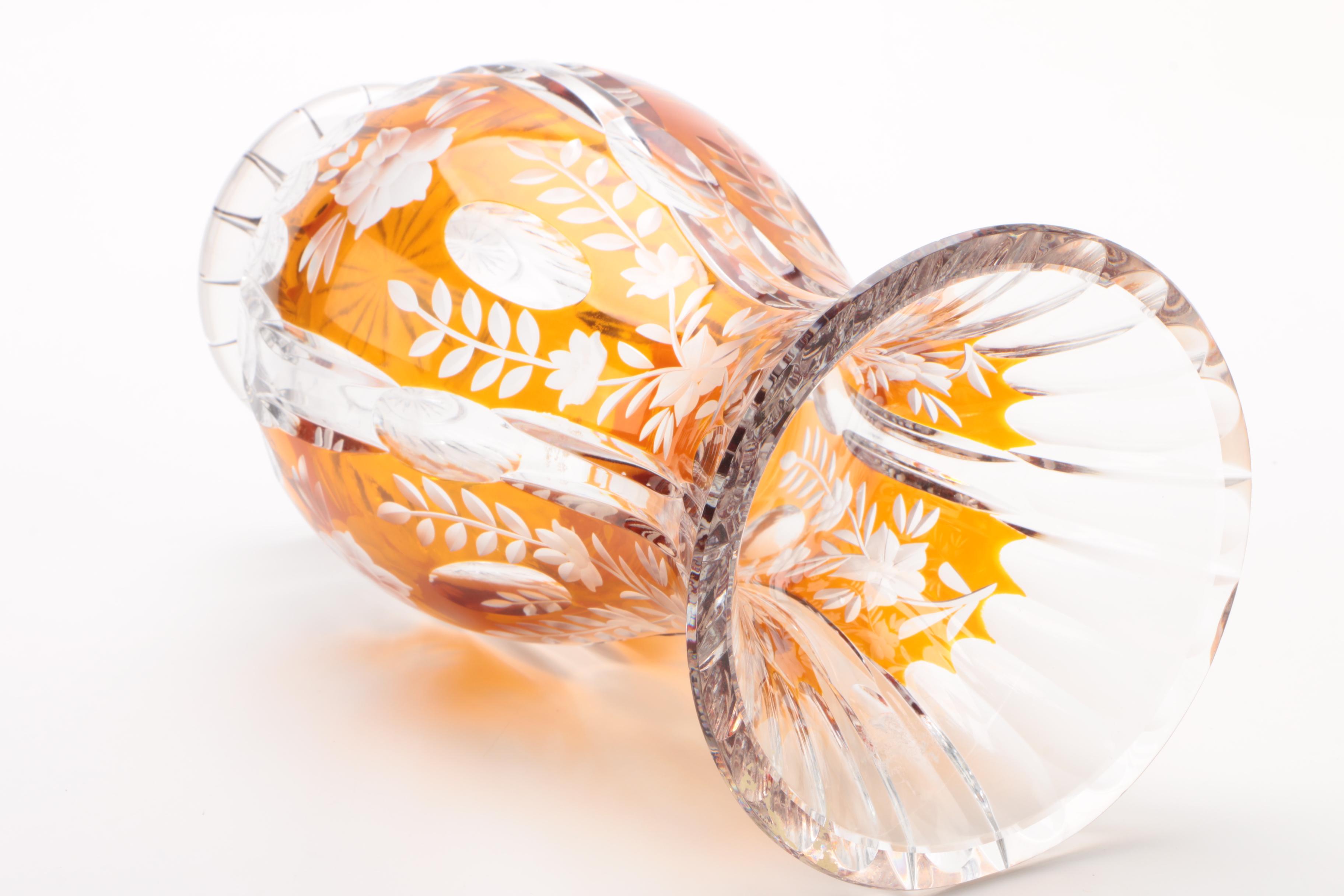 Bohemian Style Amber Cased Cut to Clear Crystal Vase