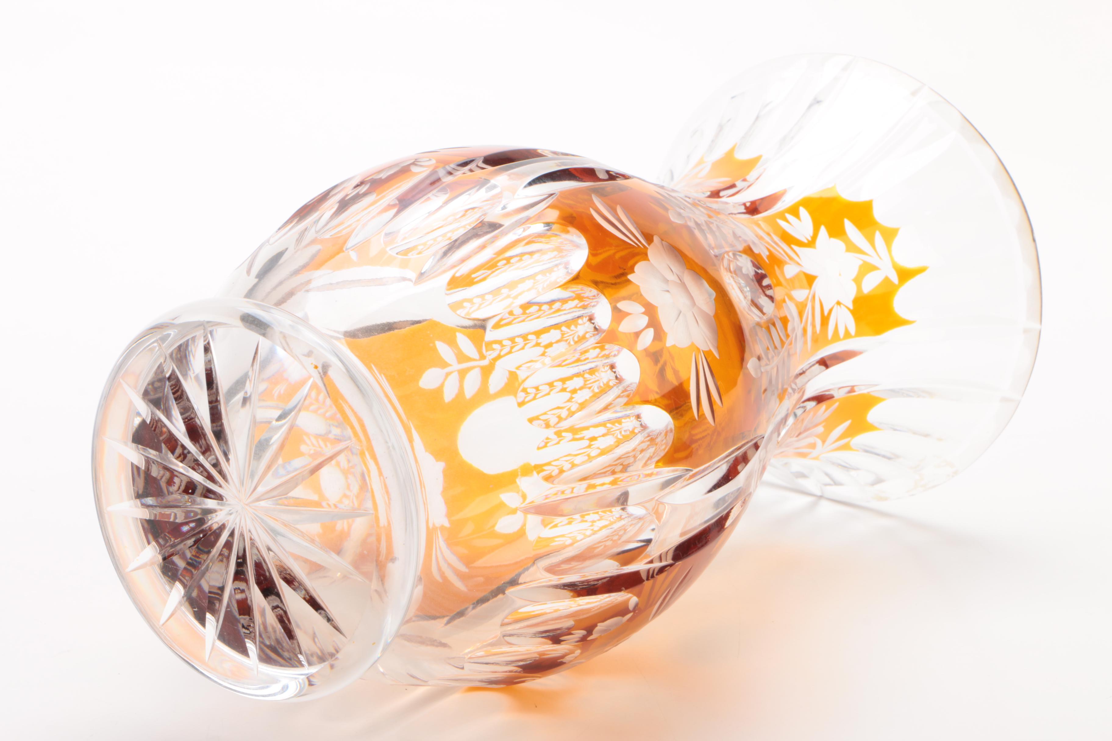 Bohemian Style Amber Cased Cut to Clear Crystal Vase