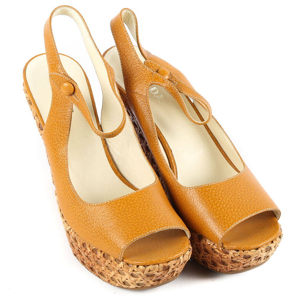 Prada Mustard Leather and Woven Cane Open-Toe Wedges
