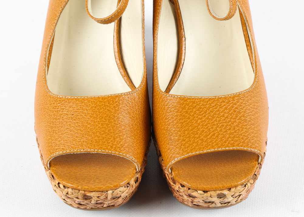 Prada Mustard Leather and Woven Cane Open-Toe Wedges