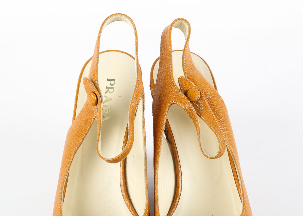 Prada Mustard Leather and Woven Cane Open-Toe Wedges