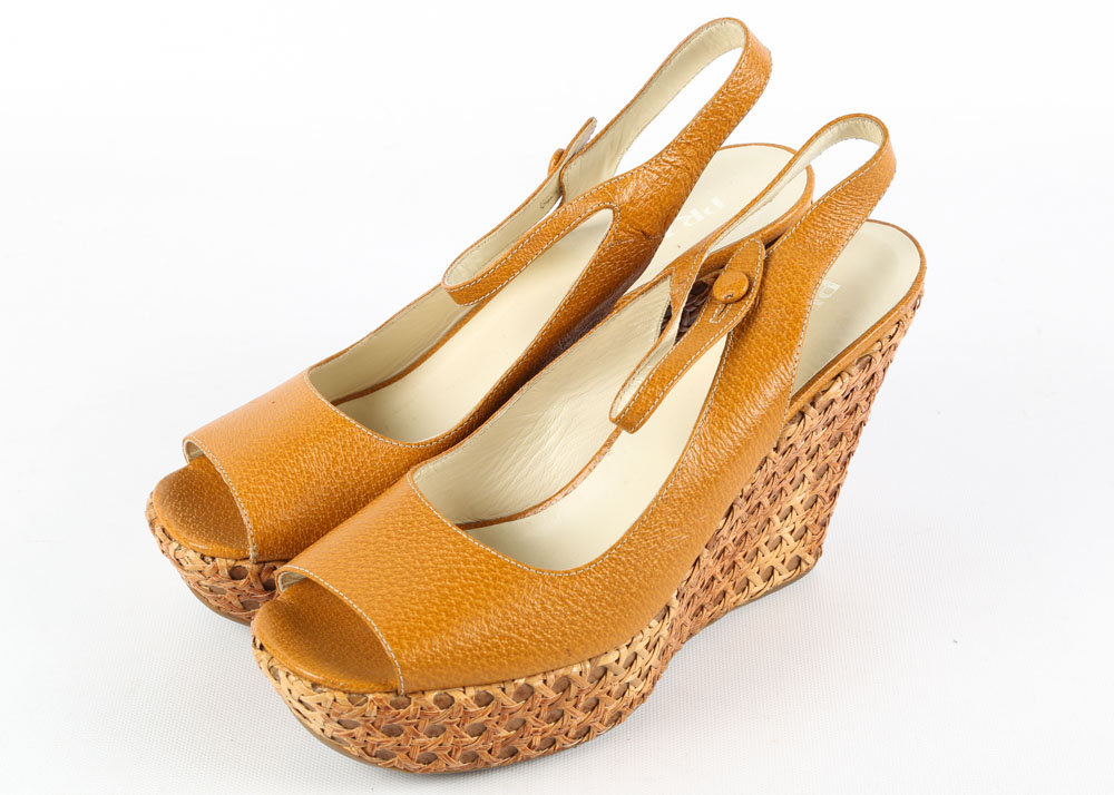 Prada Mustard Leather and Woven Cane Open-Toe Wedges