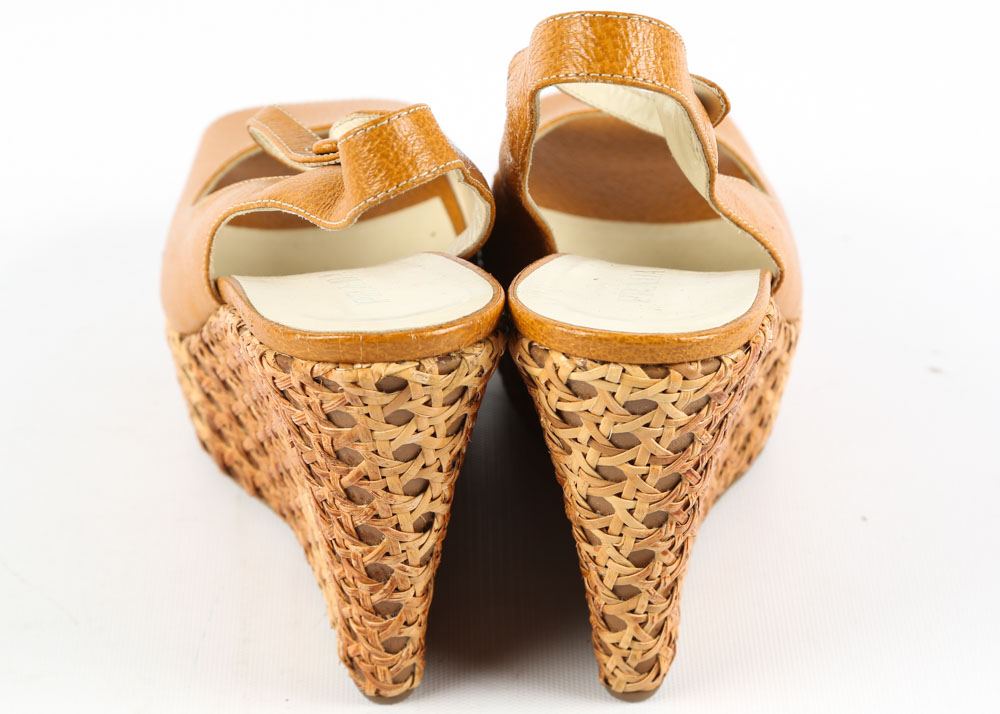 Prada Mustard Leather and Woven Cane Open-Toe Wedges
