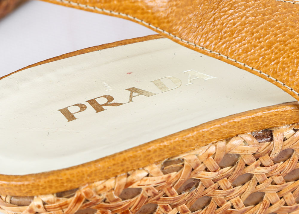 Prada Mustard Leather and Woven Cane Open-Toe Wedges