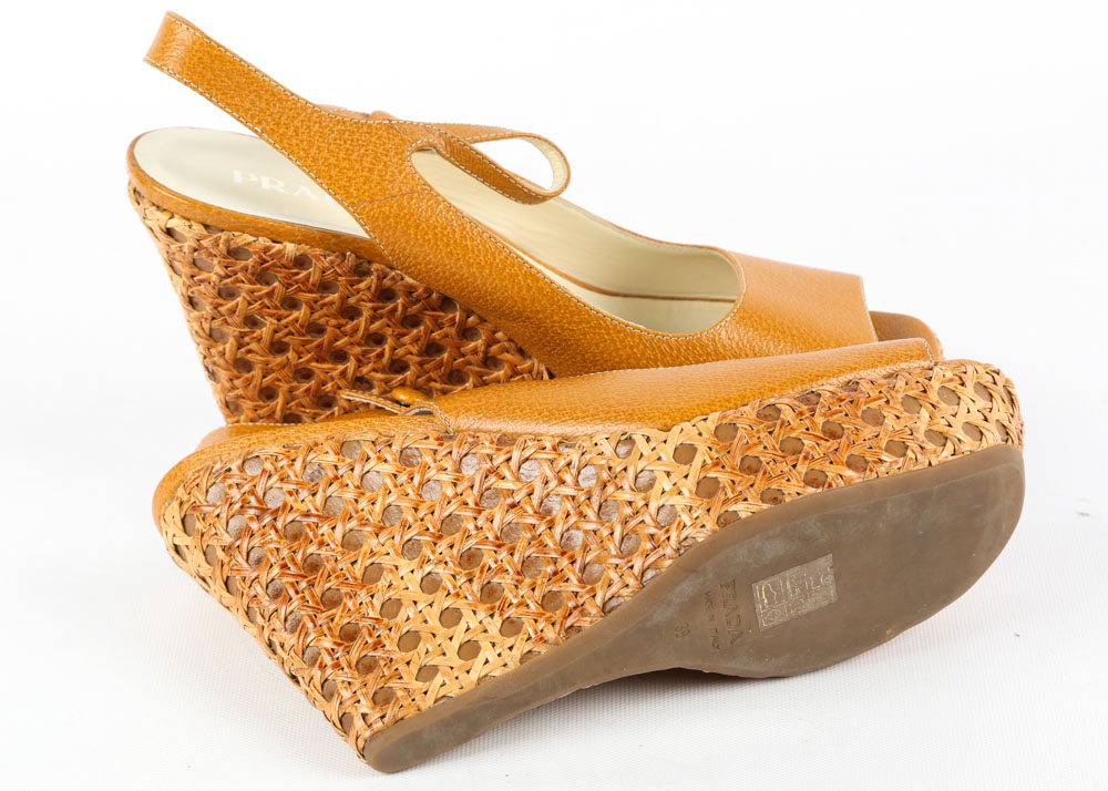 Prada Mustard Leather and Woven Cane Open-Toe Wedges