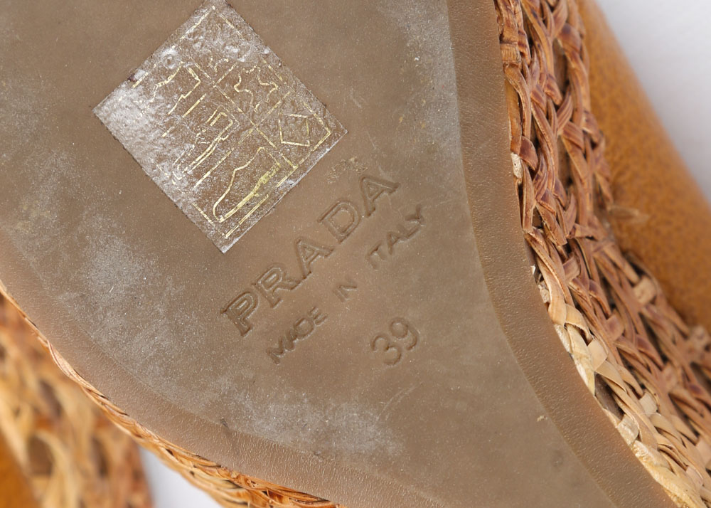 Prada Mustard Leather and Woven Cane Open-Toe Wedges