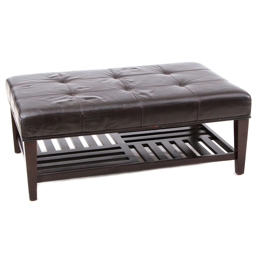 Tufted Faux Leather Ottoman with Shelf