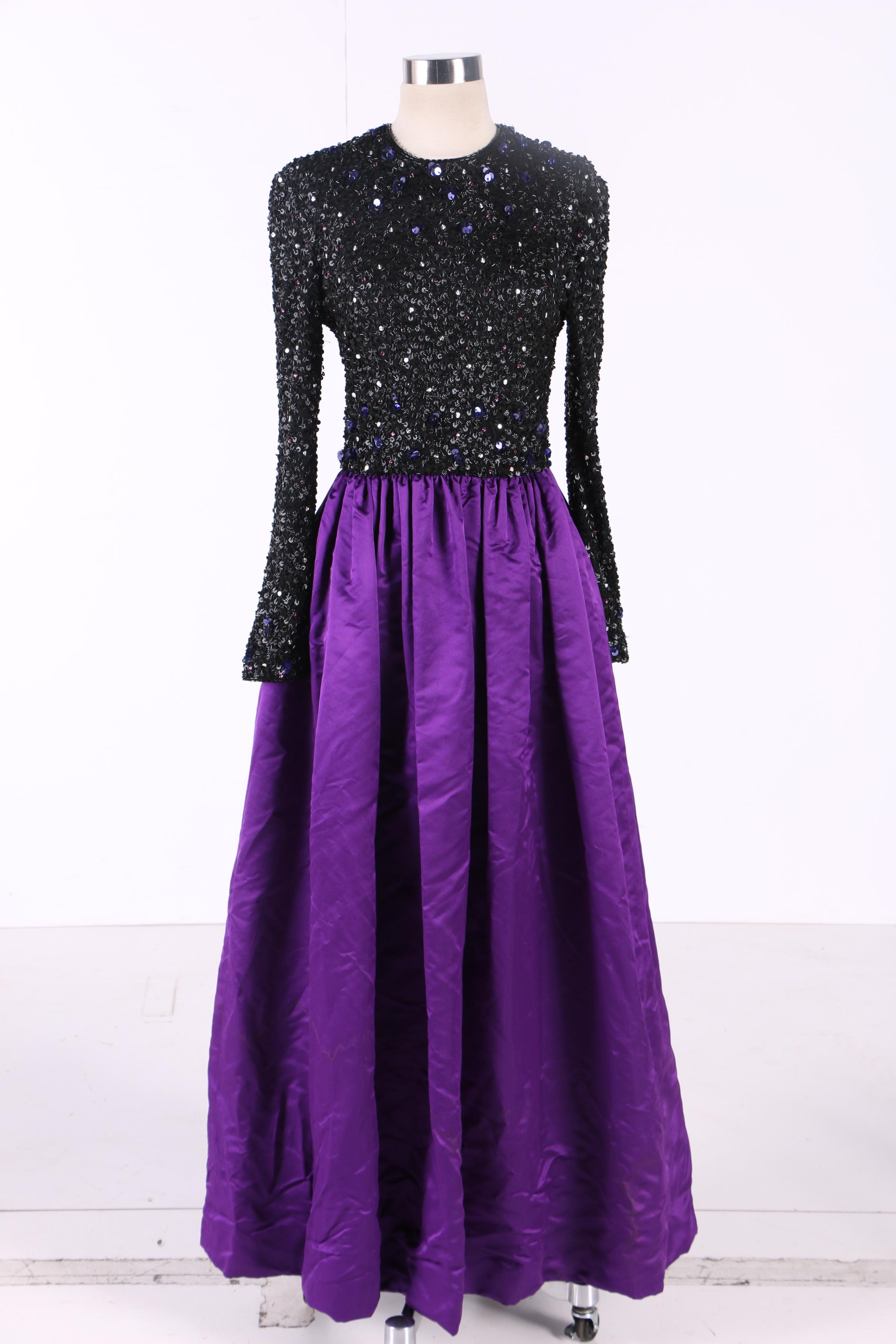 1970s Anthony Muto Silk Chiffon Dress and Victoria Royal Sequined Evening Gown