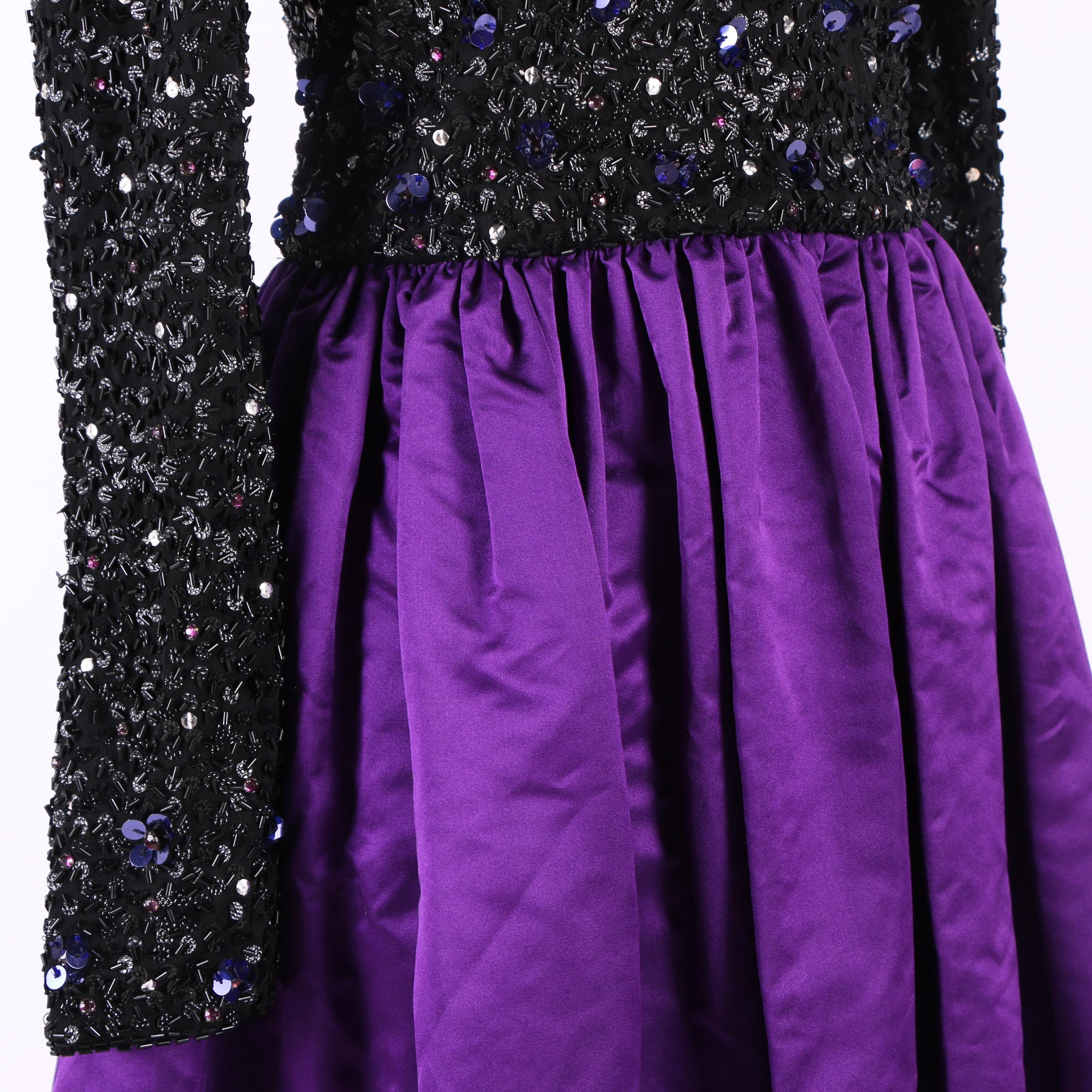 1970s Anthony Muto Silk Chiffon Dress and Victoria Royal Sequined Evening Gown