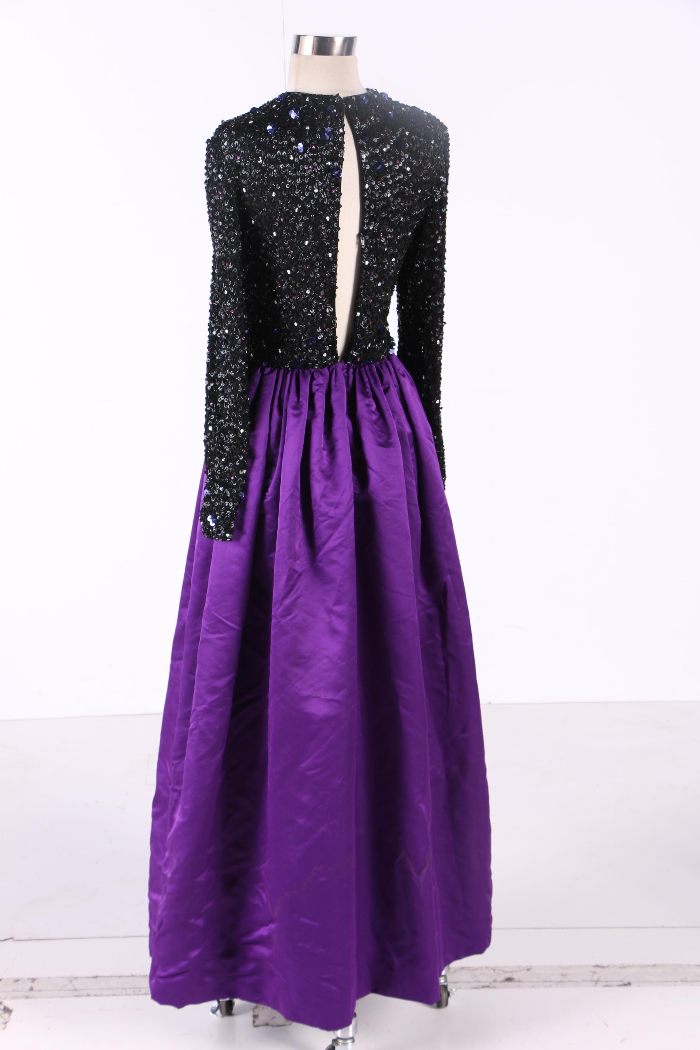 1970s Anthony Muto Silk Chiffon Dress and Victoria Royal Sequined Evening Gown