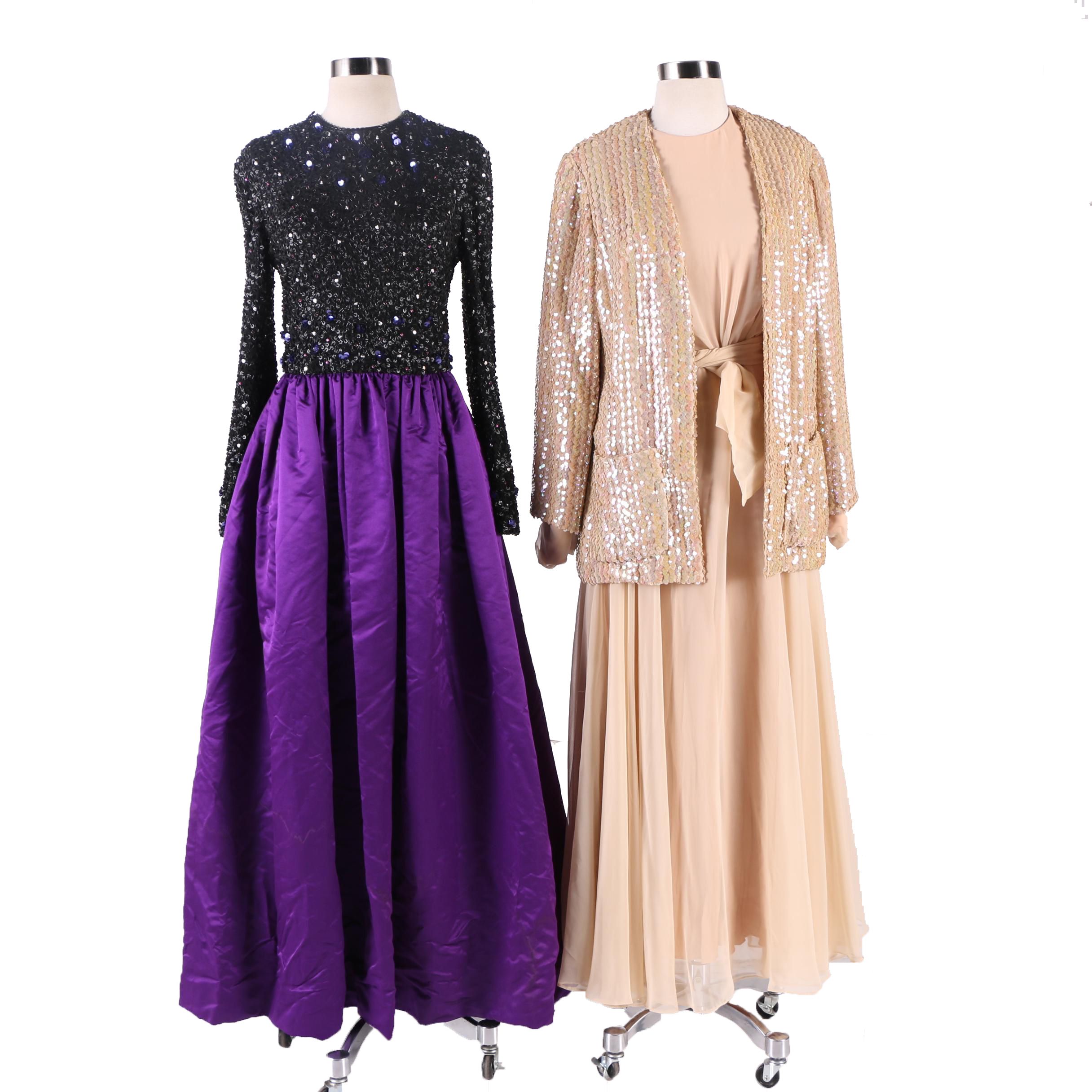 1970s Anthony Muto Silk Chiffon Dress and Victoria Royal Sequined Evening Gown