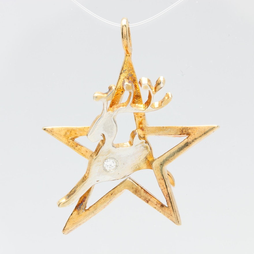 Gold Wash on Sterling Silver Diamond Star and Reindeer Pendant