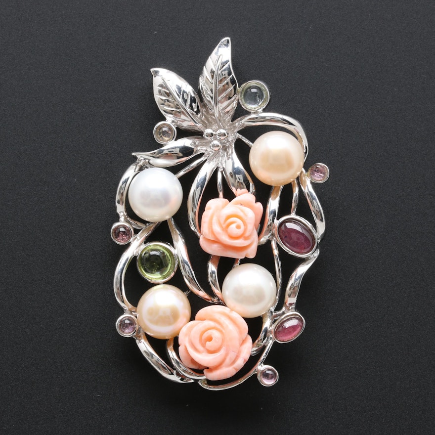 Sterling Silver Gemstone Floral Pendant