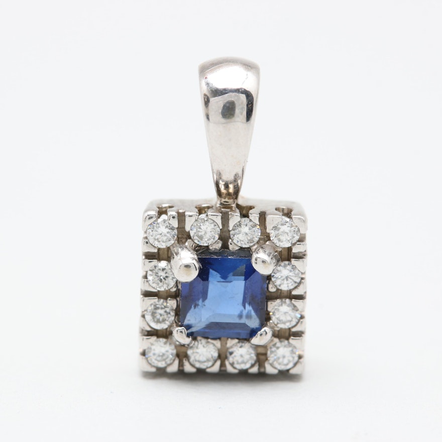 14K White Gold Sapphire and Diamond Pendant