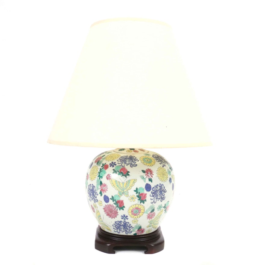 Floral and Butterfly Chinoiserie Ceramic Lamp on Hardwood Base