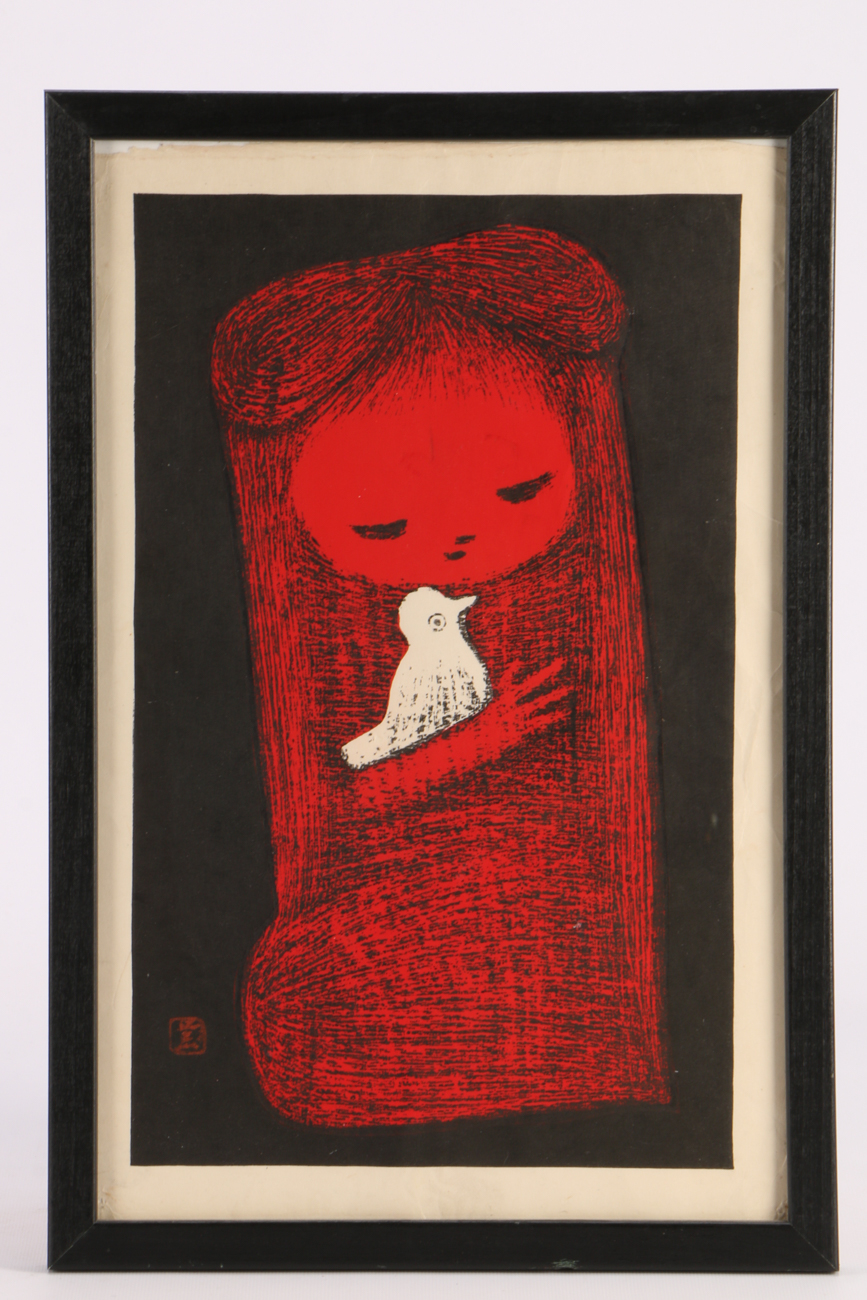 Kaoru Kawano Posthumous Restrike Woodblock Print "Small Bird"