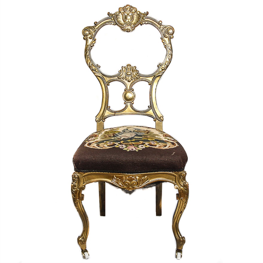 Vintage Louis XV Style Giltwood Side Chair with Needlepoint Seat