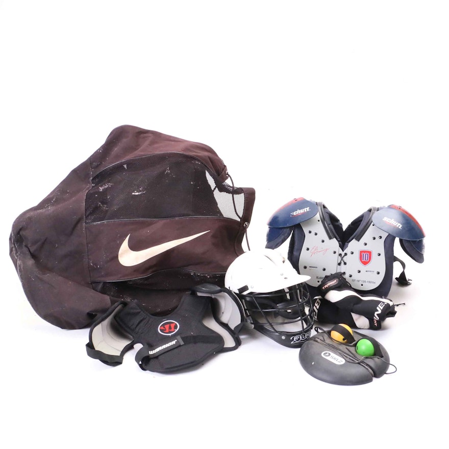 Assorted Youth Athletic Equipment Featuring Warrior Lacrosse and Nike Bag