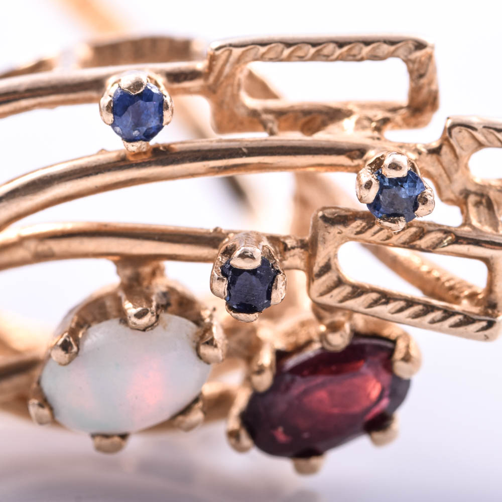 10K Yellow Gold Opal, Garnet and Sapphire Ring