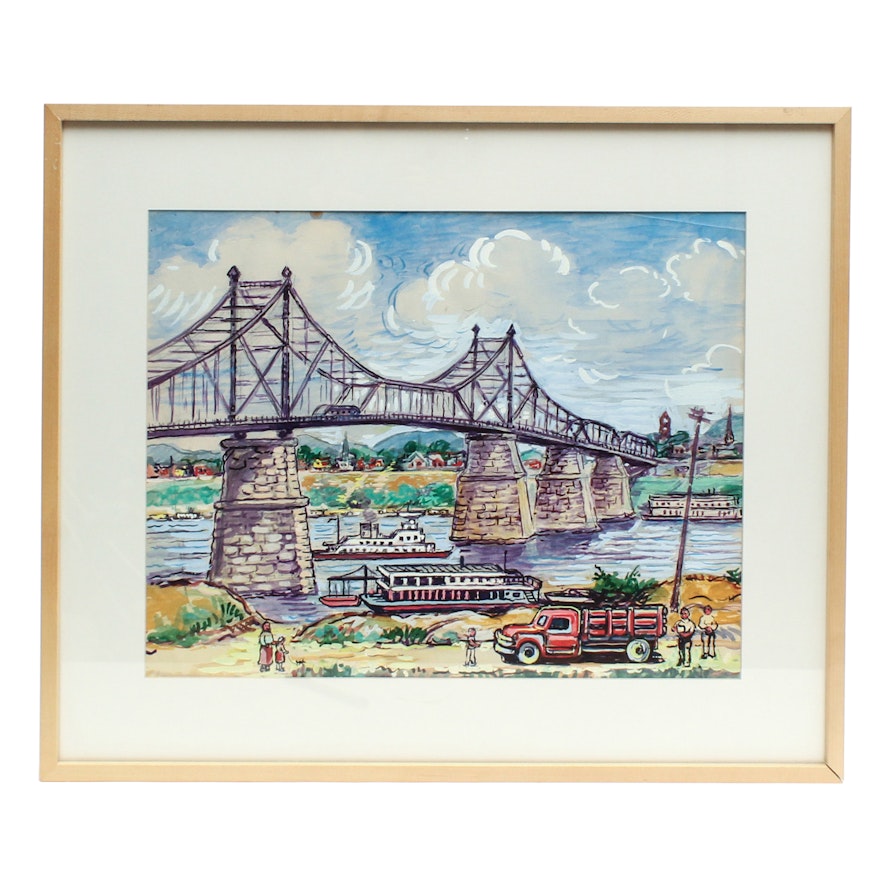 Watercolor of Landscape with Bridge