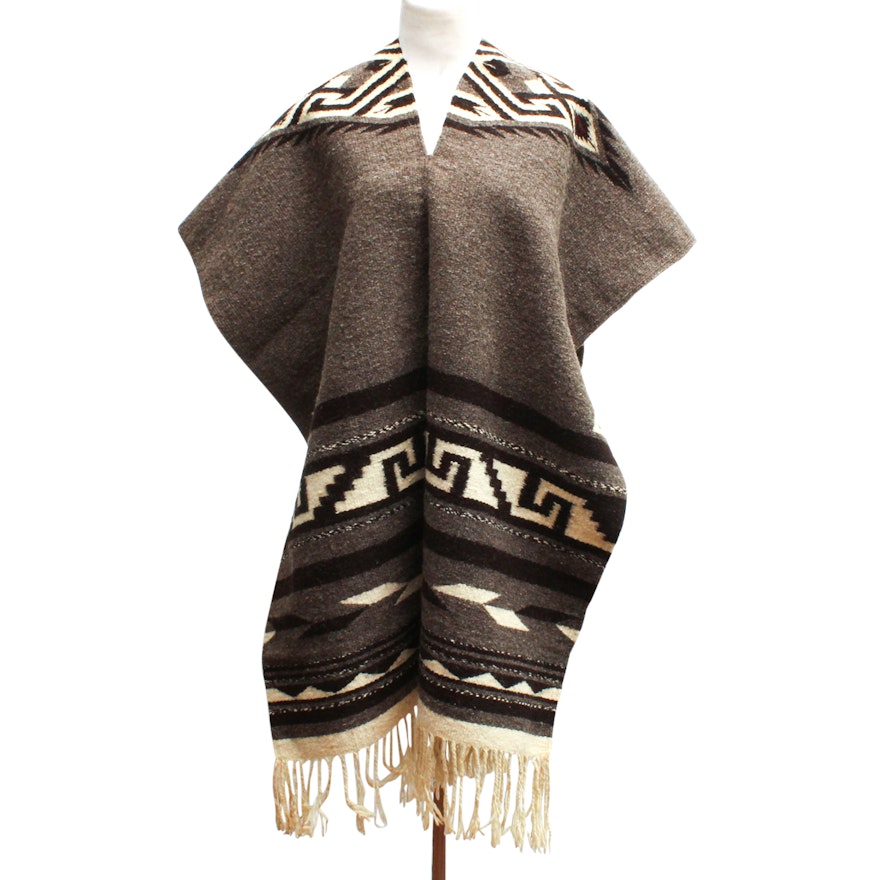 Southwestern Style Wool Poncho with Fringe