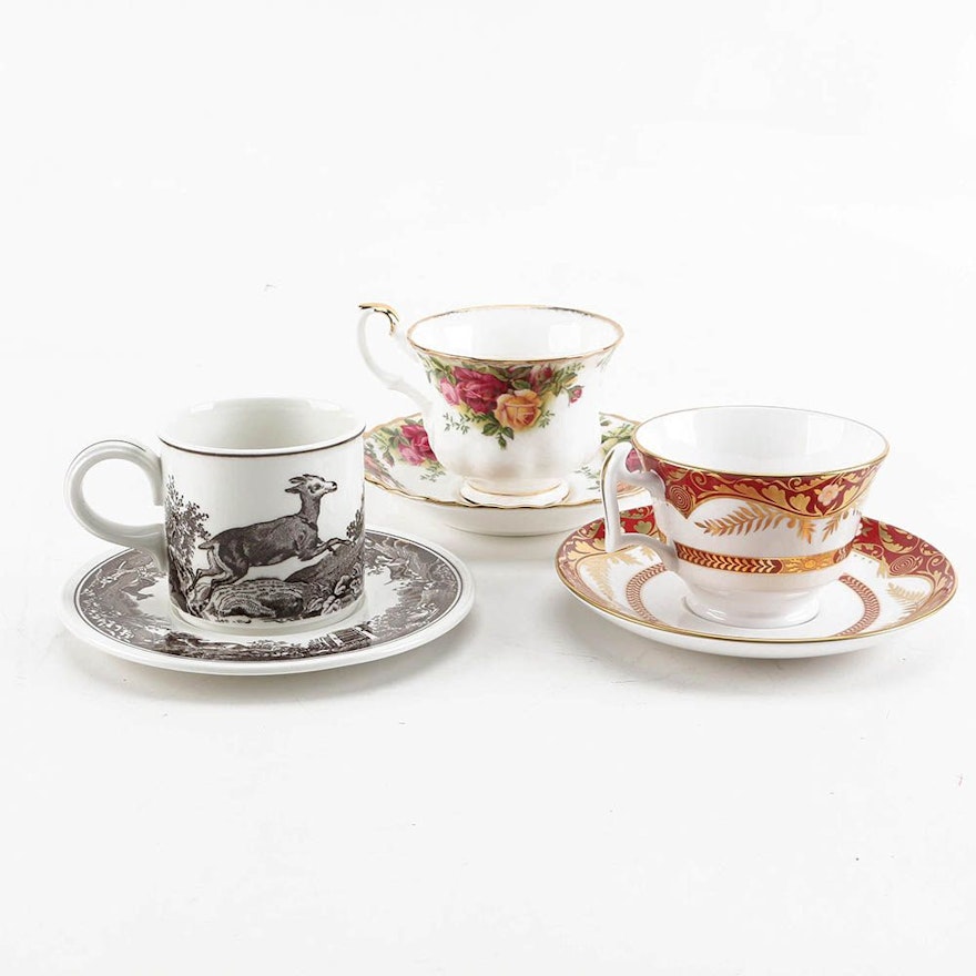 Bone China Teacups and Saucers Including Spode and Villeroy and Boch "Anjou"