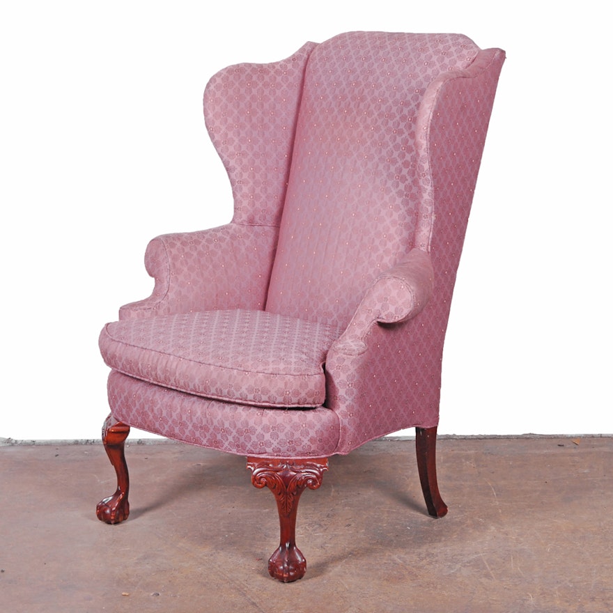 Vintage Chippendale Style Pink Upholstered Wingback Armchair