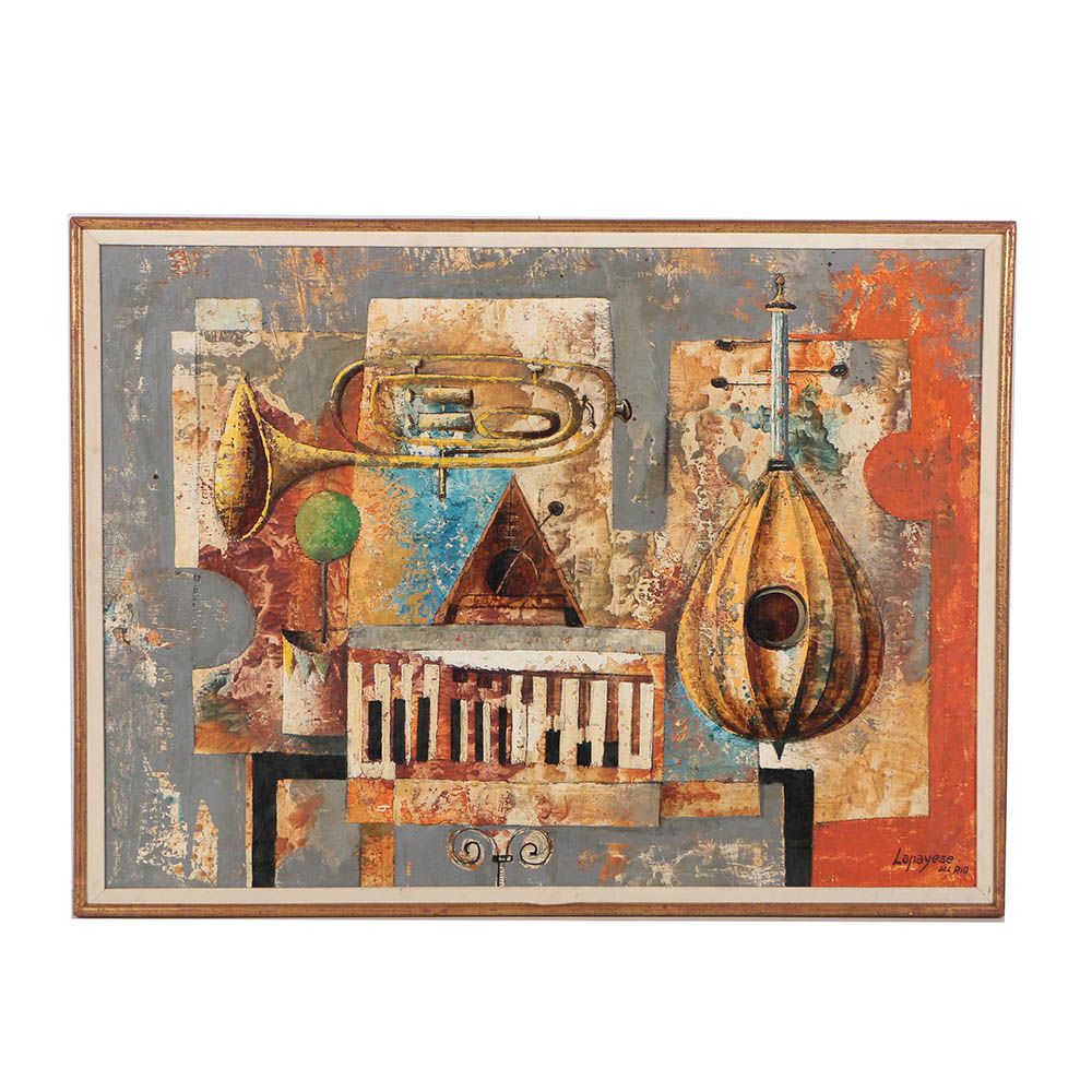 Lanayese del Rio 1970 Oil Painting "Musical Con Mandolina"