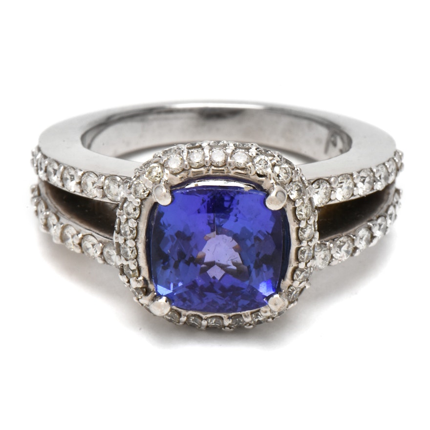 14K White Gold 2.15 CT Tanzanite Diamond Ring