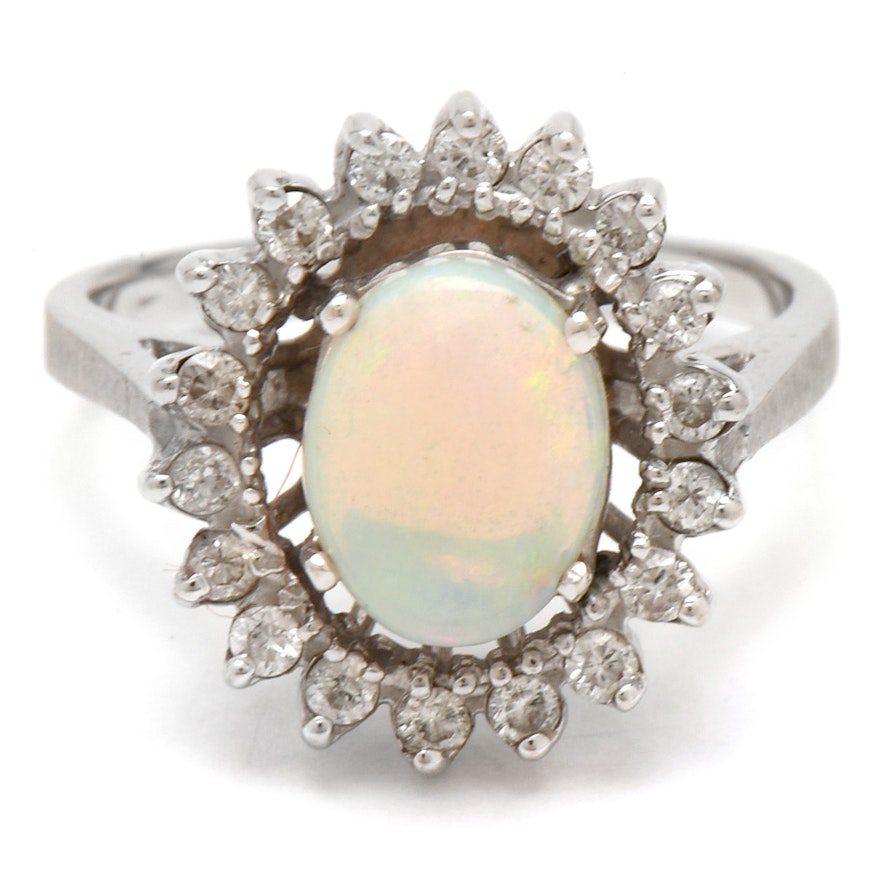 18K White Gold Opal and Diamond Ring