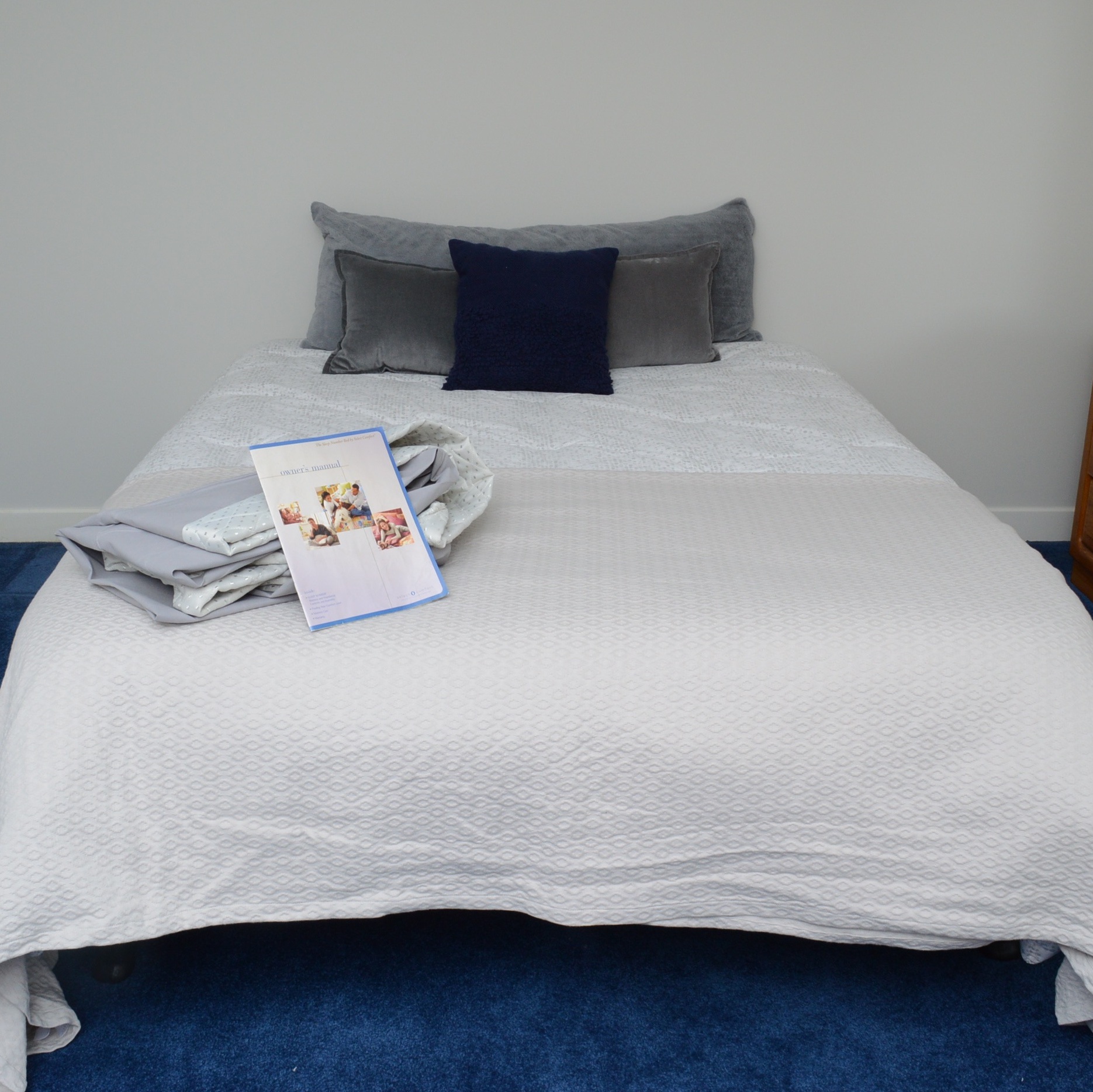 Queen Size Bed Frame with Sleep Number 300 Mattress and Bedding