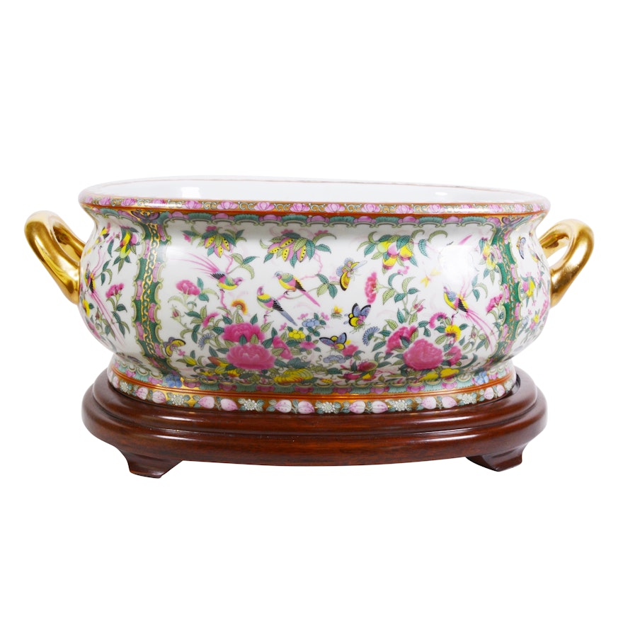 Chinese "Rose Canton" Style Porcelain Footbath on Wood Stand